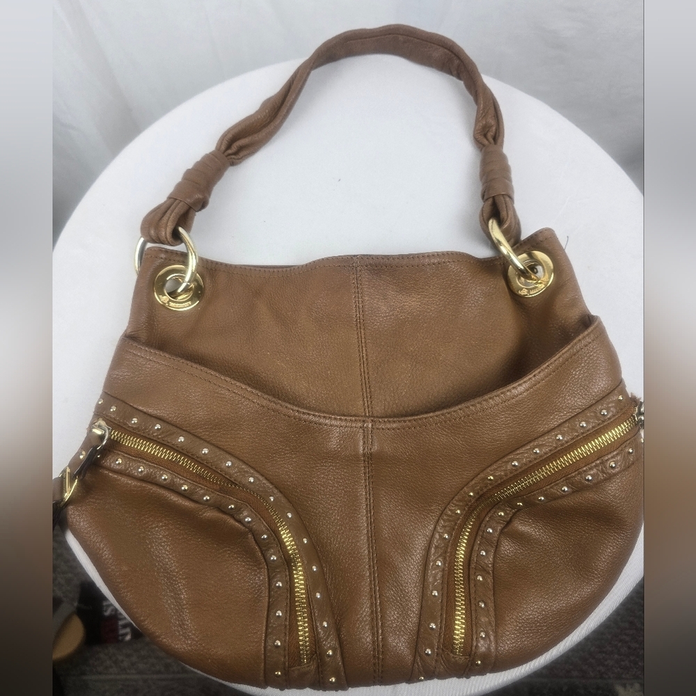 B. Mackowsky Brown Leather Hobo Shoulder Bag with Gold Accents Sz L
